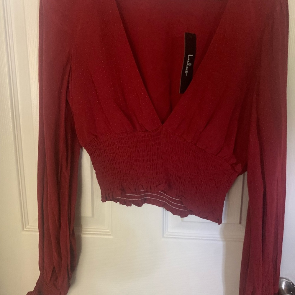 Lulu's Red Ruched Crop Blouse